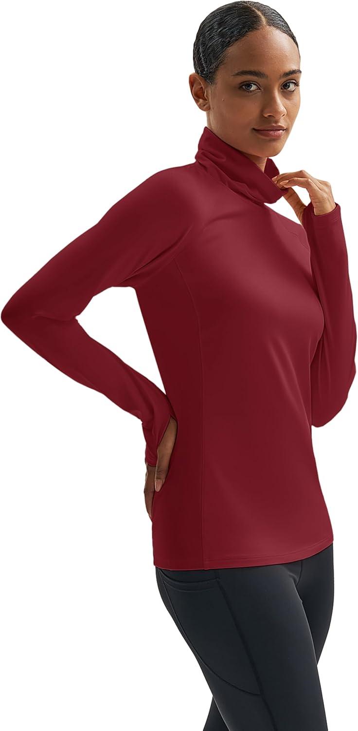 imageMAGCOMSEN Womens Thermal Shirts Mock Turtleneck Long Sleeve Undershirt Fleece Base Layer Top with Thumb HolesVintagered