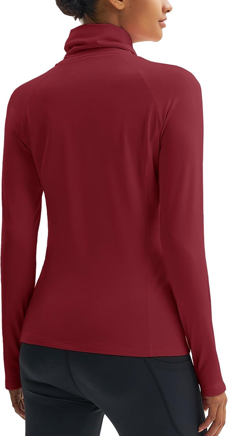 imageMAGCOMSEN Womens Thermal Shirts Mock Turtleneck Long Sleeve Undershirt Fleece Base Layer Top with Thumb HolesVintagered