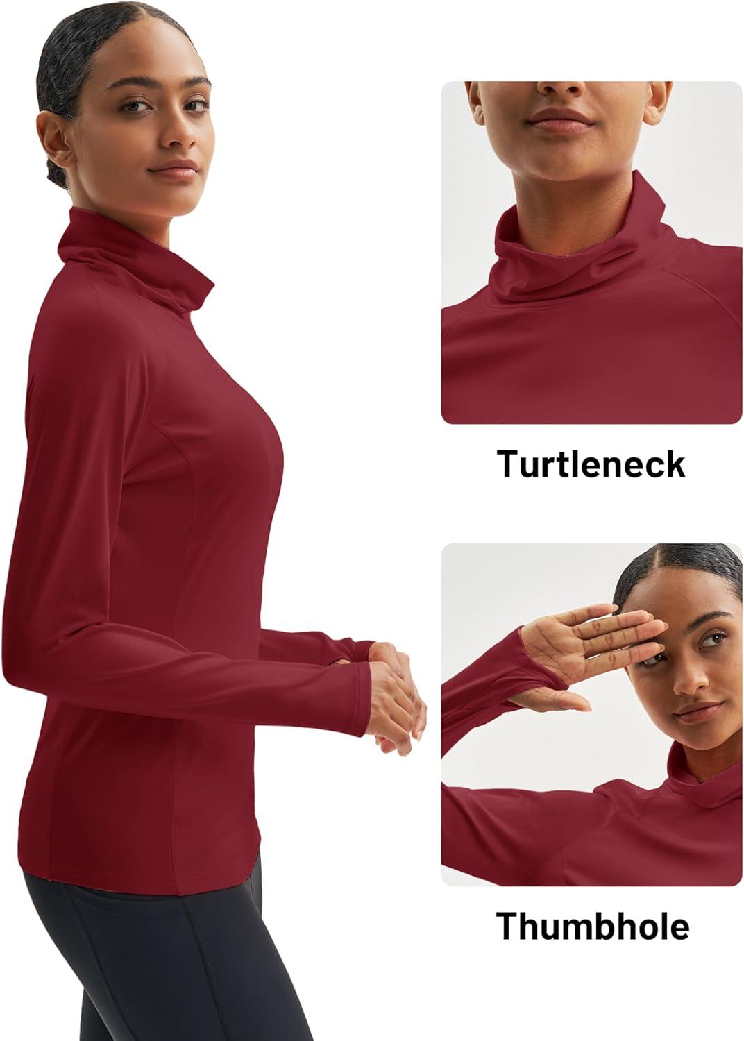 imageMAGCOMSEN Womens Thermal Shirts Mock Turtleneck Long Sleeve Undershirt Fleece Base Layer Top with Thumb HolesVintagered