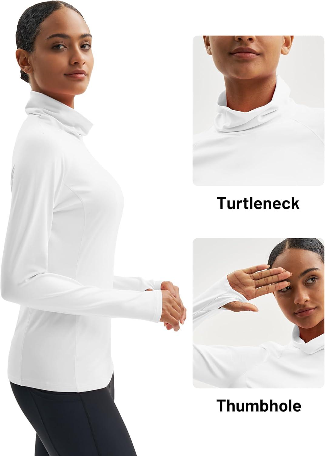 imageMAGCOMSEN Womens Thermal Shirts Mock Turtleneck Long Sleeve Undershirt Fleece Base Layer Top with Thumb HolesWhite