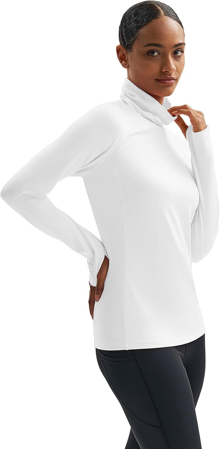 imageMAGCOMSEN Womens Thermal Shirts Mock Turtleneck Long Sleeve Undershirt Fleece Base Layer Top with Thumb HolesWhite