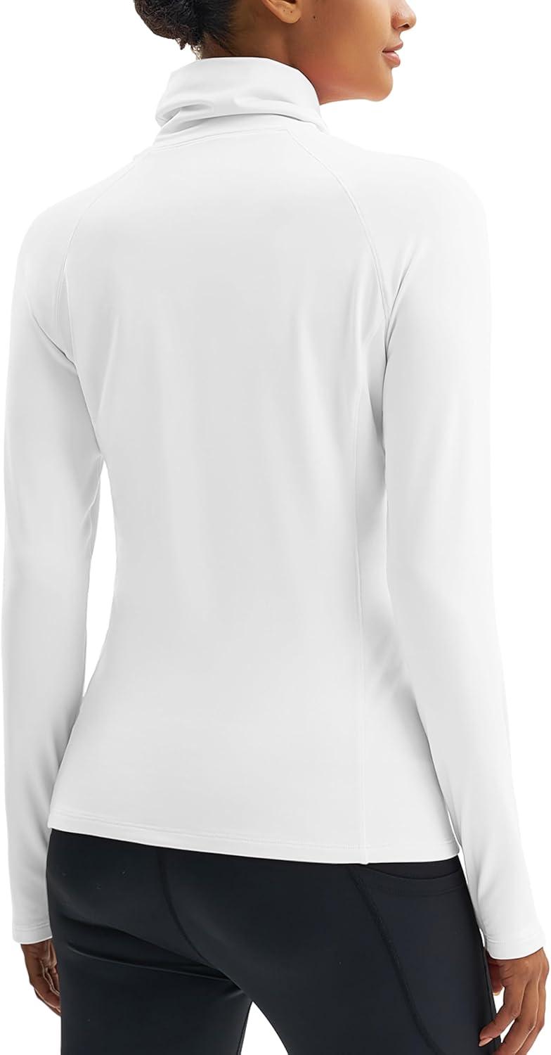 imageMAGCOMSEN Womens Thermal Shirts Mock Turtleneck Long Sleeve Undershirt Fleece Base Layer Top with Thumb HolesWhite