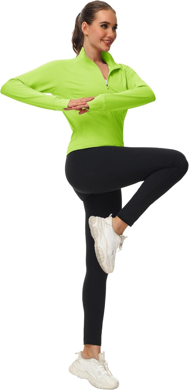 imageMAGCOMSEN Womens UPF 50 Lightweight Zip Up Jackets Cropped Athletic Workout UV Protection Sun Shirt RunningFluorescent Green