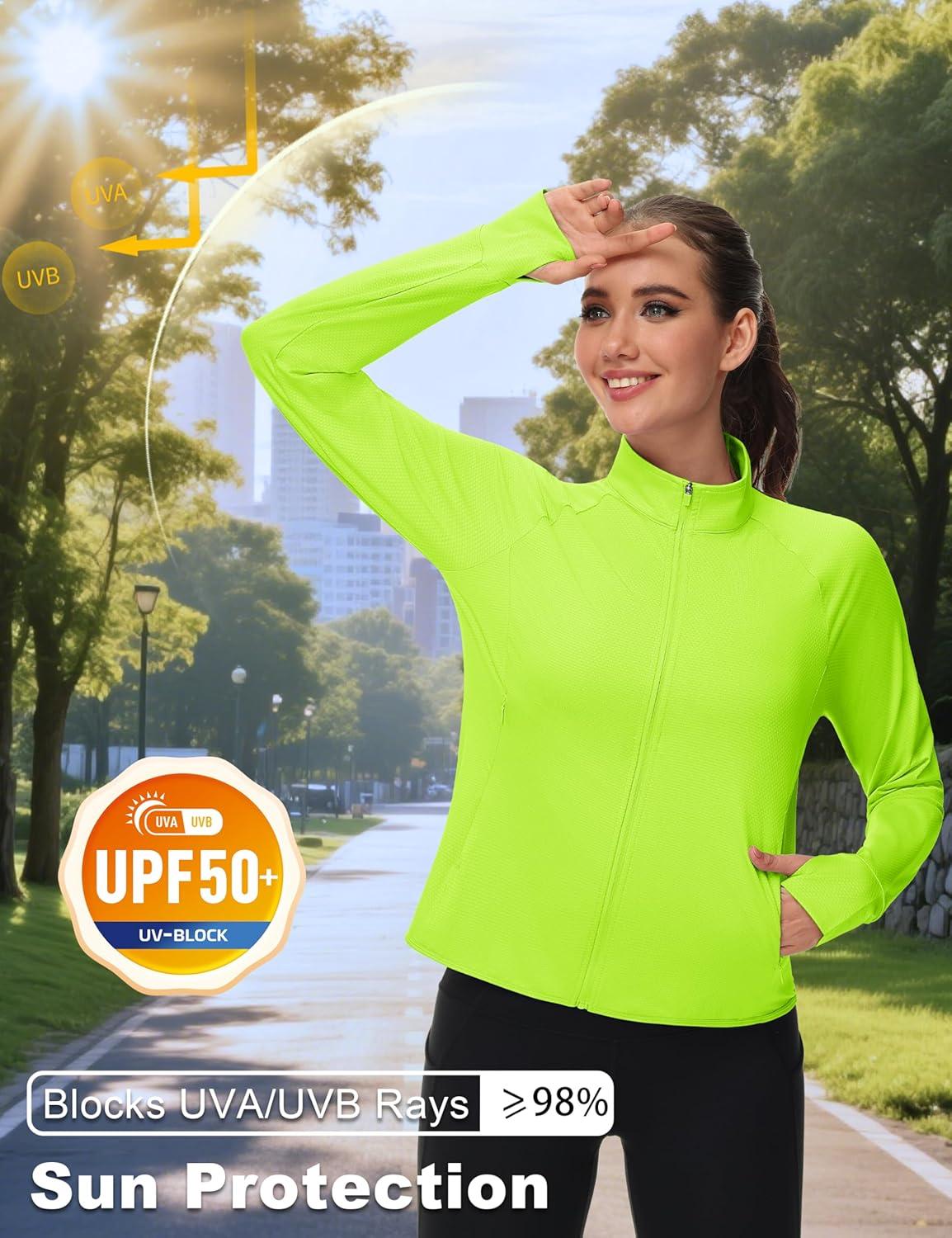 imageMAGCOMSEN Womens UPF 50 Lightweight Zip Up Jackets Cropped Athletic Workout UV Protection Sun Shirt RunningFluorescent Green