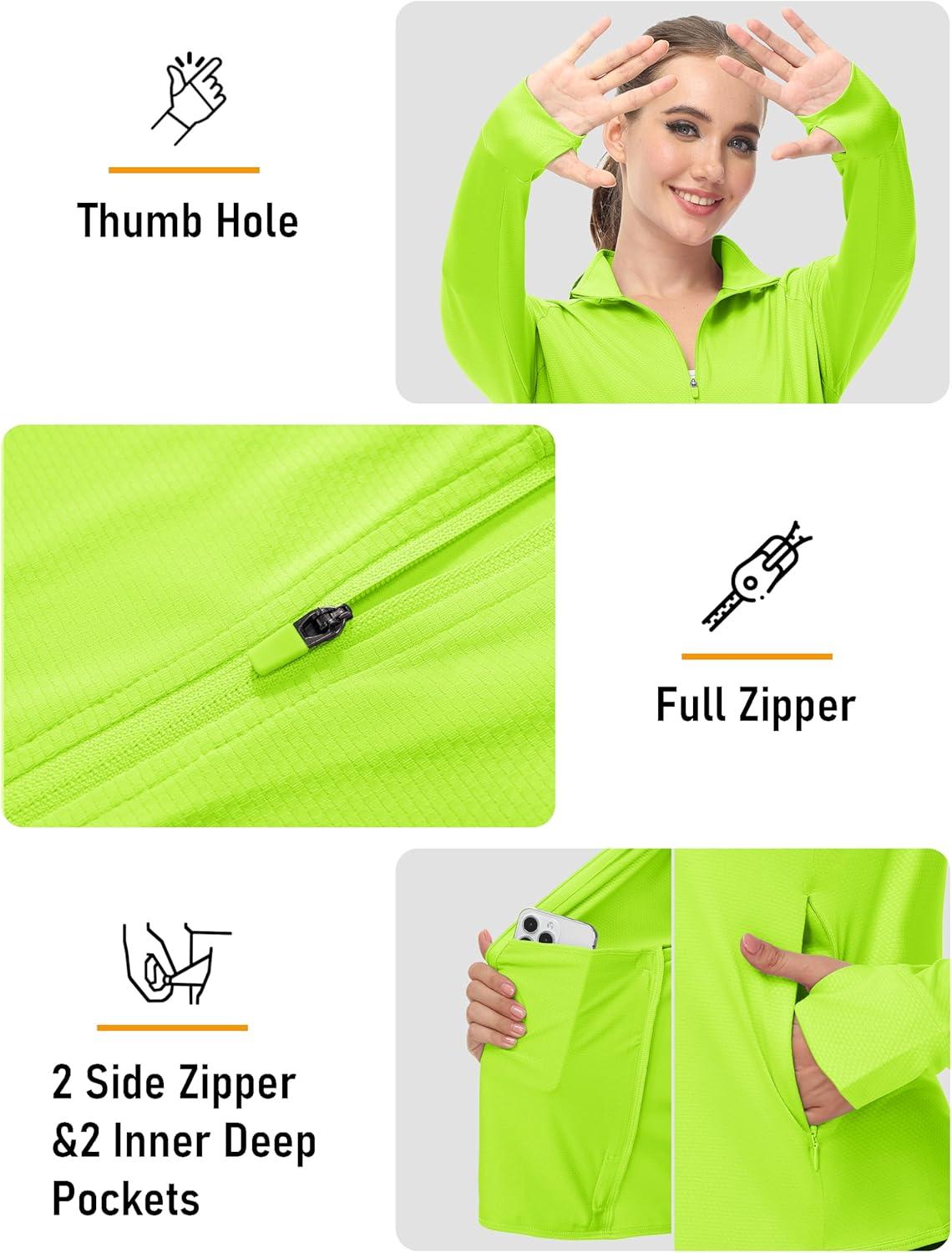 imageMAGCOMSEN Womens UPF 50 Lightweight Zip Up Jackets Cropped Athletic Workout UV Protection Sun Shirt RunningFluorescent Green