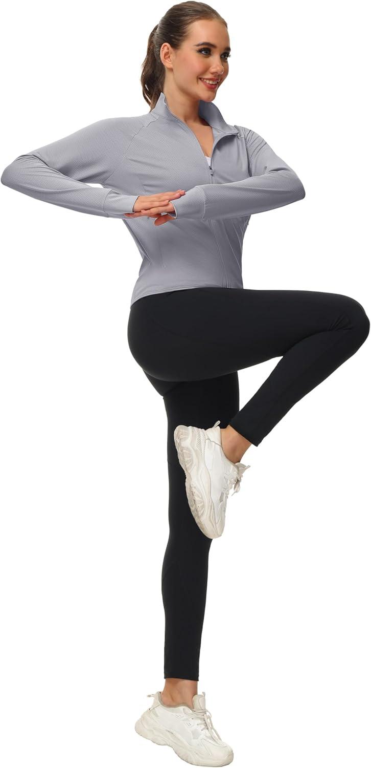 imageMAGCOMSEN Womens UPF 50 Lightweight Zip Up Jackets Cropped Athletic Workout UV Protection Sun Shirt RunningLight Grey
