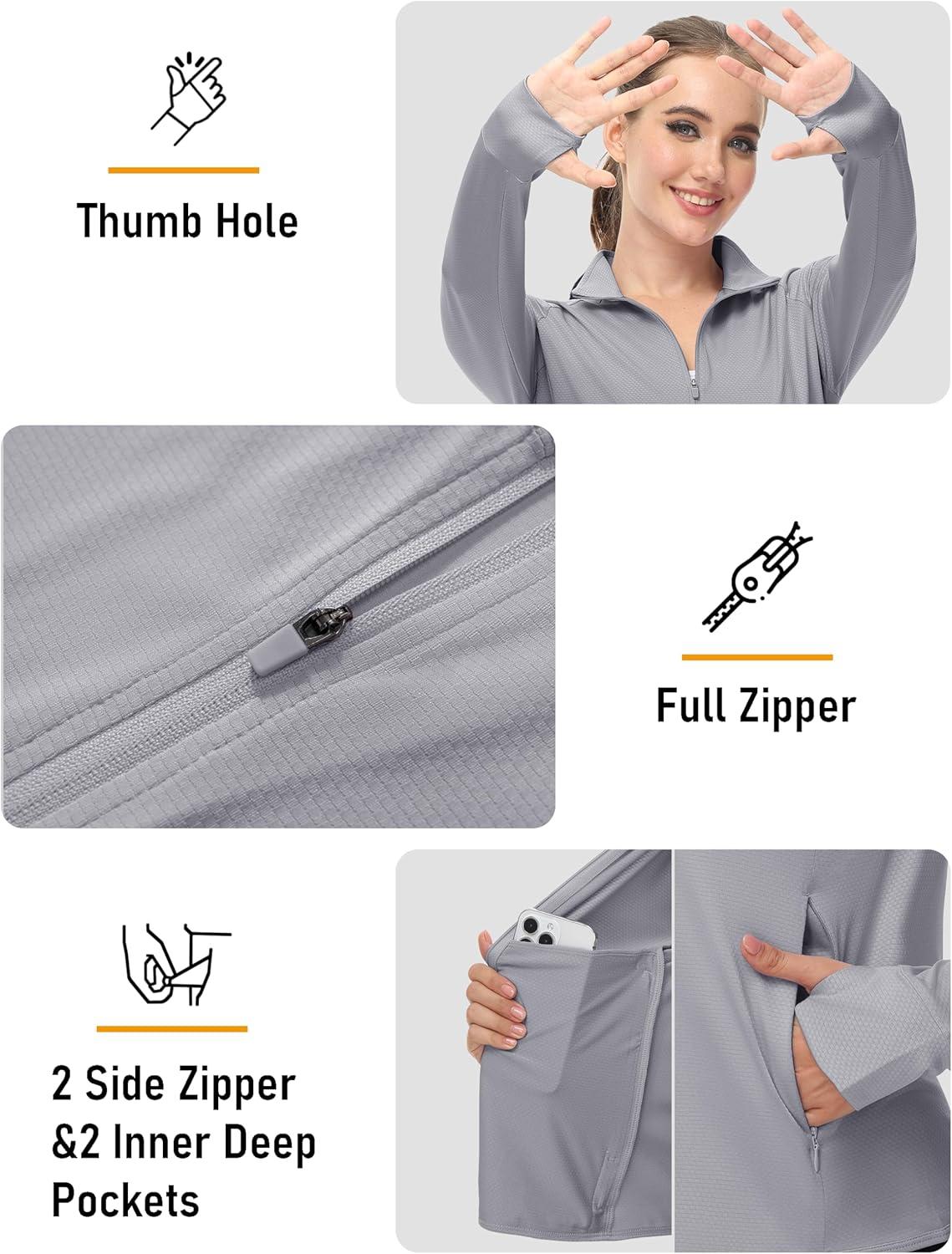 imageMAGCOMSEN Womens UPF 50 Lightweight Zip Up Jackets Cropped Athletic Workout UV Protection Sun Shirt RunningLight Grey