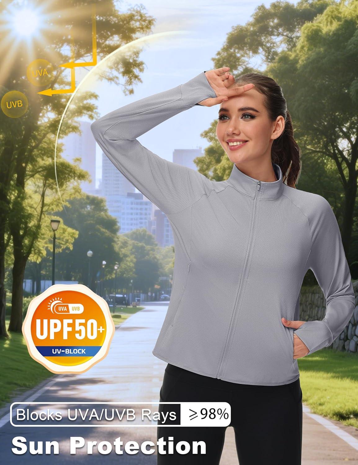 imageMAGCOMSEN Womens UPF 50 Lightweight Zip Up Jackets Cropped Athletic Workout UV Protection Sun Shirt RunningLight Grey