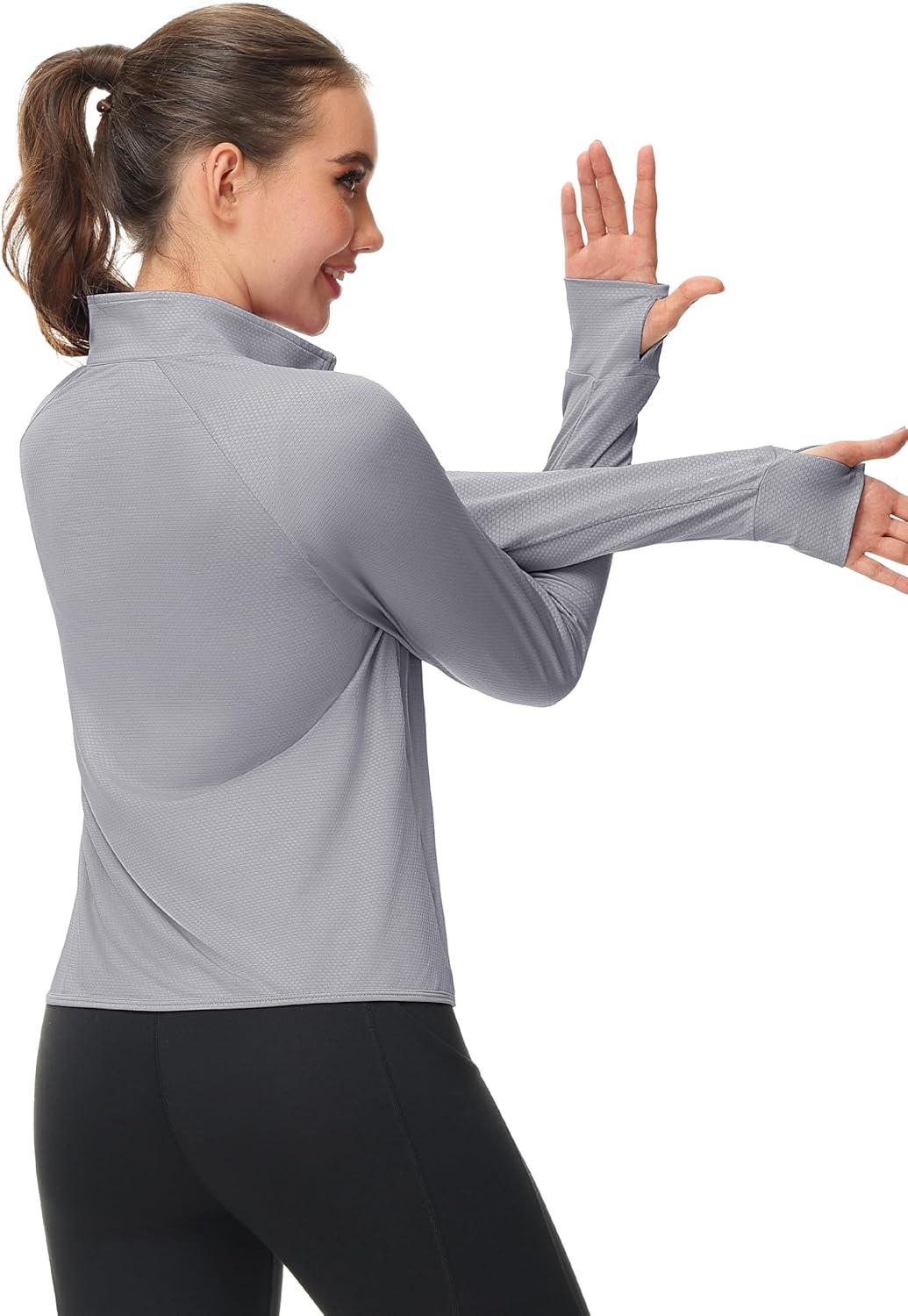imageMAGCOMSEN Womens UPF 50 Lightweight Zip Up Jackets Cropped Athletic Workout UV Protection Sun Shirt RunningLight Grey