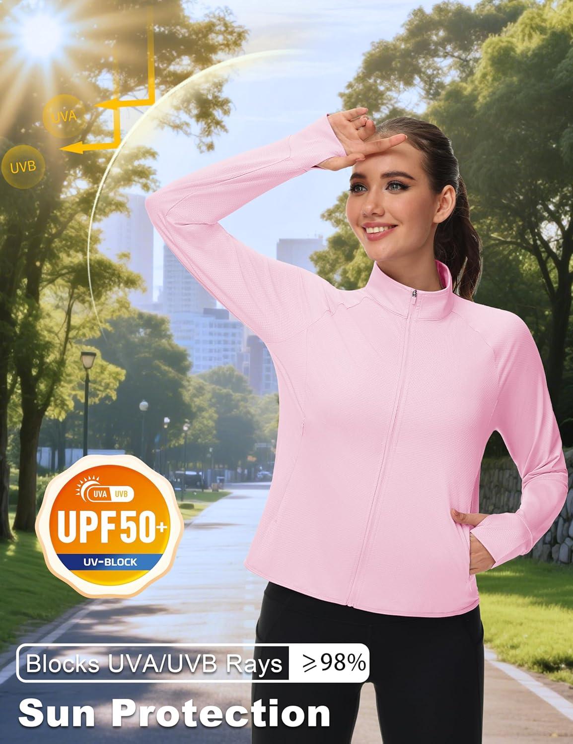 imageMAGCOMSEN Womens UPF 50 Lightweight Zip Up Jackets Cropped Athletic Workout UV Protection Sun Shirt RunningLight Pink