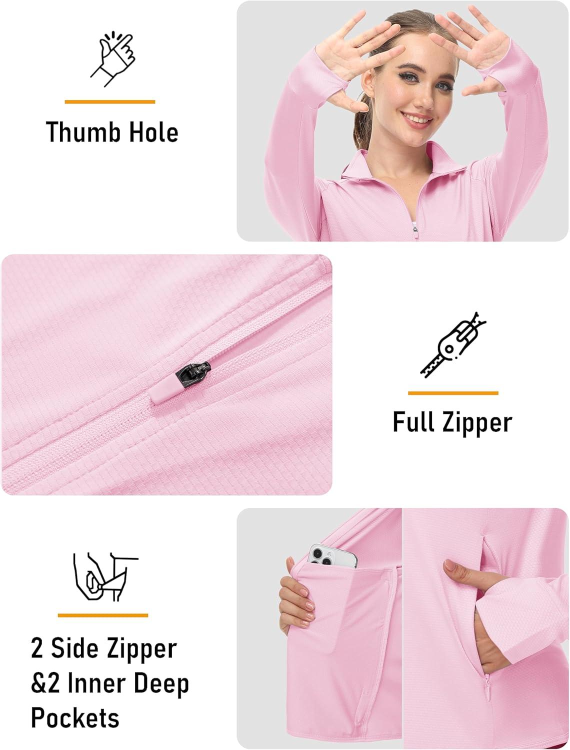 imageMAGCOMSEN Womens UPF 50 Lightweight Zip Up Jackets Cropped Athletic Workout UV Protection Sun Shirt RunningLight Pink