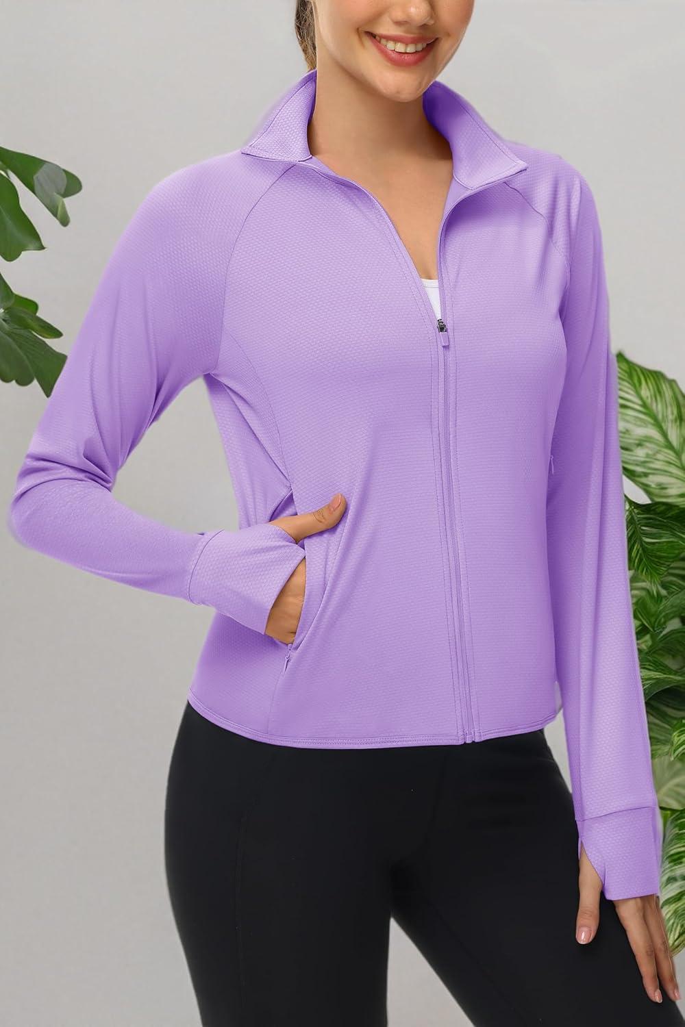 imageMAGCOMSEN Womens UPF 50 Lightweight Zip Up Jackets Cropped Athletic Workout UV Protection Sun Shirt RunningLight Purple