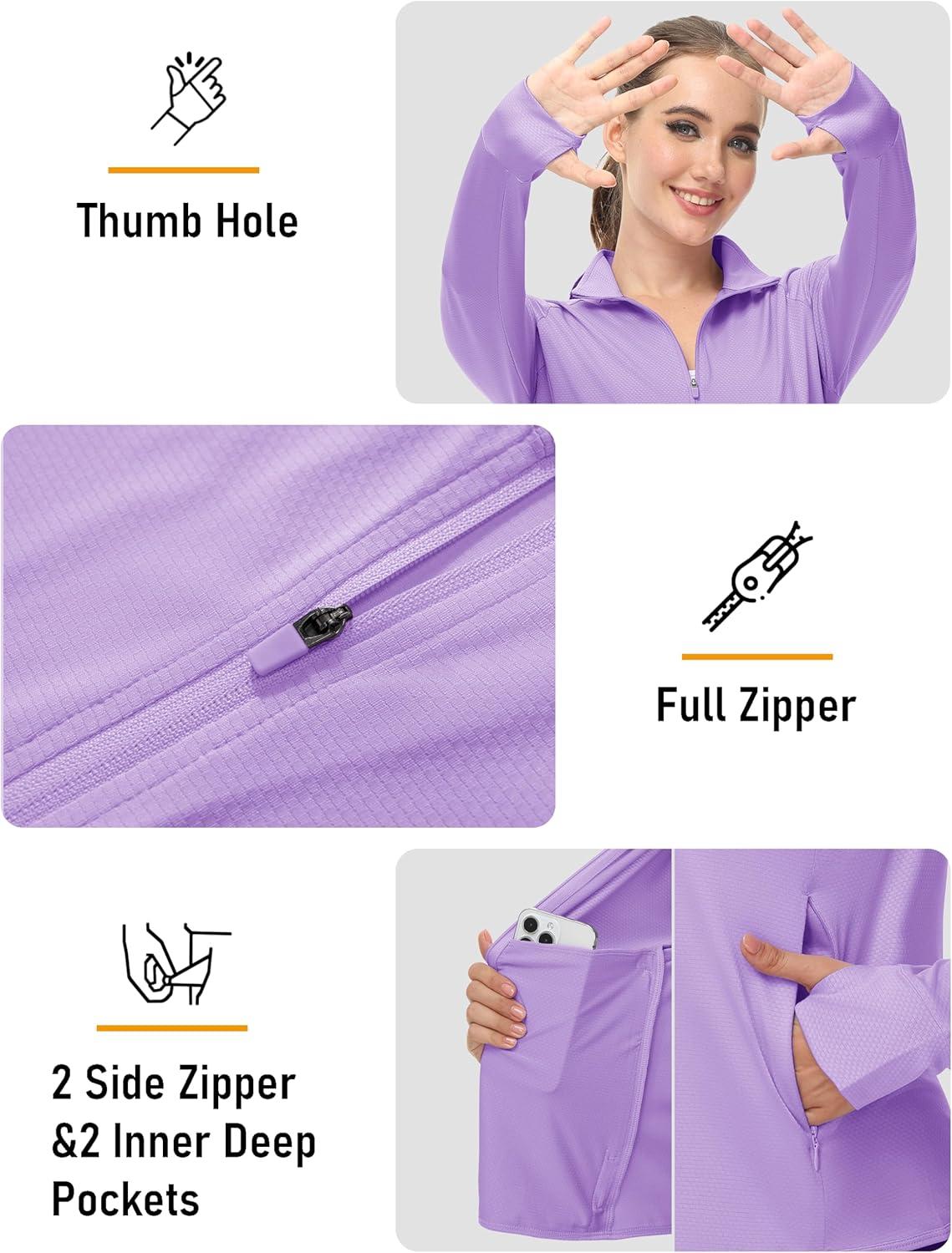 imageMAGCOMSEN Womens UPF 50 Lightweight Zip Up Jackets Cropped Athletic Workout UV Protection Sun Shirt RunningLight Purple