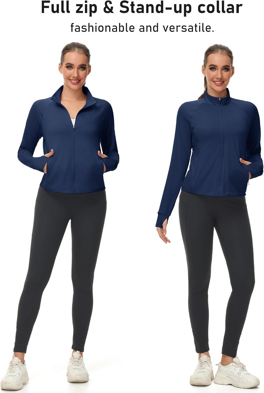 imageMAGCOMSEN Womens UPF 50 Lightweight Zip Up Jackets Cropped Athletic Workout UV Protection Sun Shirt RunningNavy