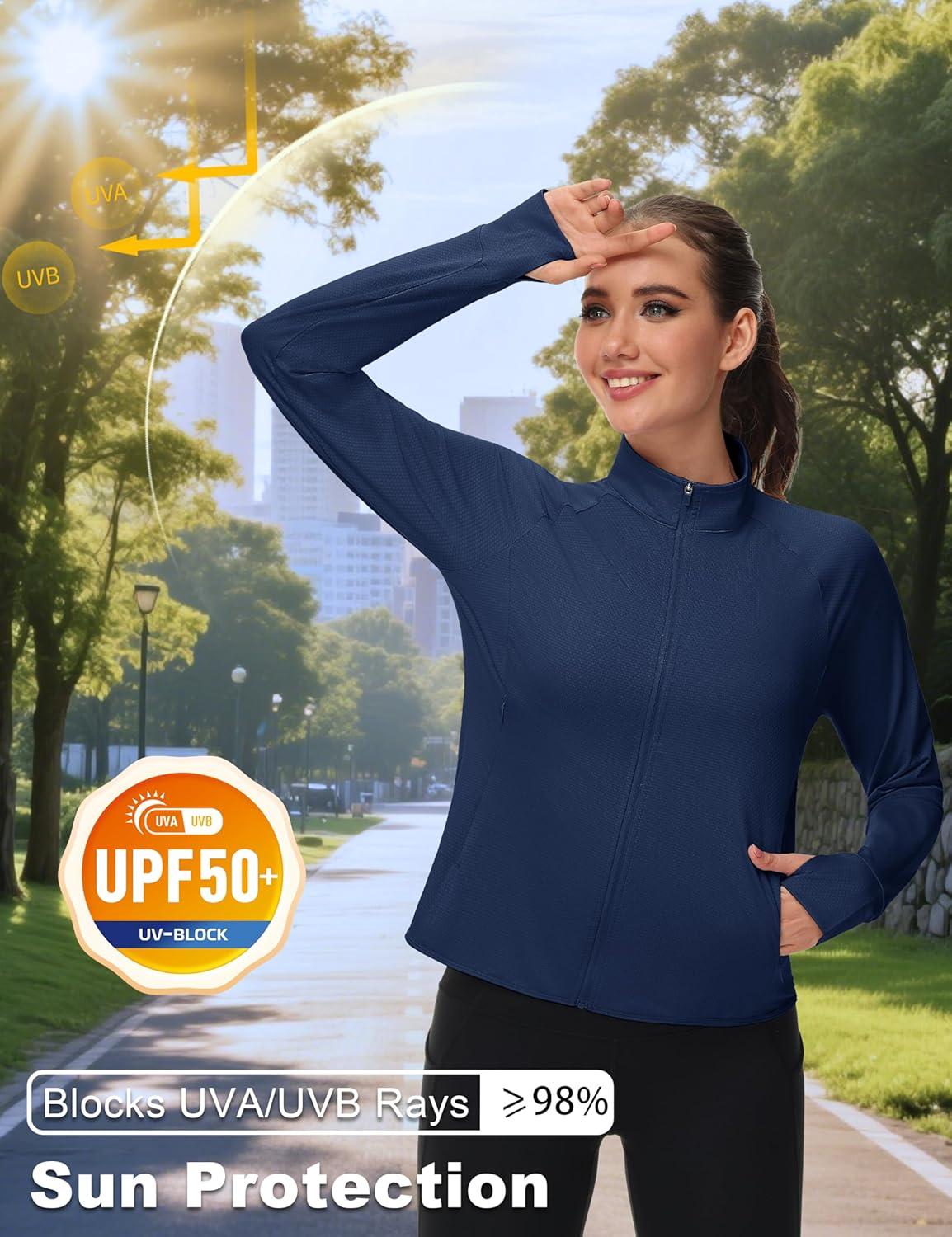 imageMAGCOMSEN Womens UPF 50 Lightweight Zip Up Jackets Cropped Athletic Workout UV Protection Sun Shirt RunningNavy