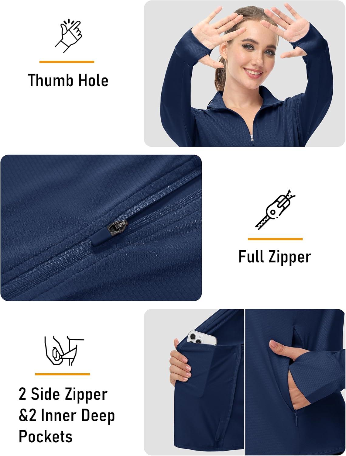 imageMAGCOMSEN Womens UPF 50 Lightweight Zip Up Jackets Cropped Athletic Workout UV Protection Sun Shirt RunningNavy