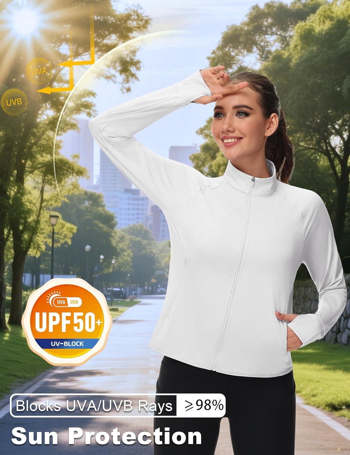 imageMAGCOMSEN Womens UPF 50 Lightweight Zip Up Jackets Cropped Athletic Workout UV Protection Sun Shirt RunningWhite