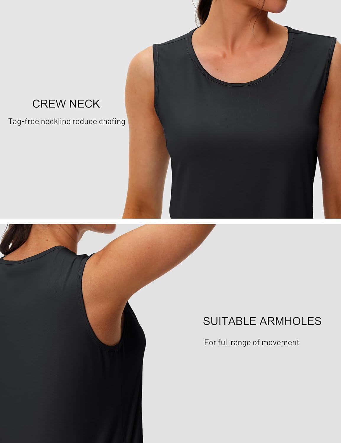 imageMAGCOMSEN Womens Workout Tank Top Athletic Muscle Sleeveless Crew Neck Shirt UPF 80 Moisture Wicking Gym RunningBlack