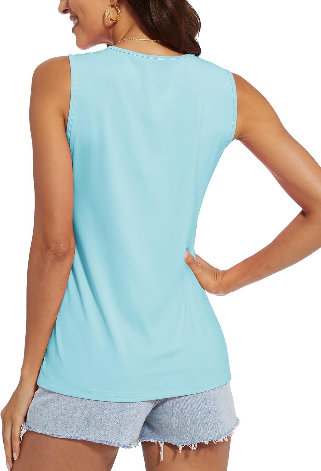 imageMAGCOMSEN Womens Workout Tank Top Athletic Muscle Sleeveless Crew Neck Shirt UPF 80 Moisture Wicking Gym RunningLight Lake Blue
