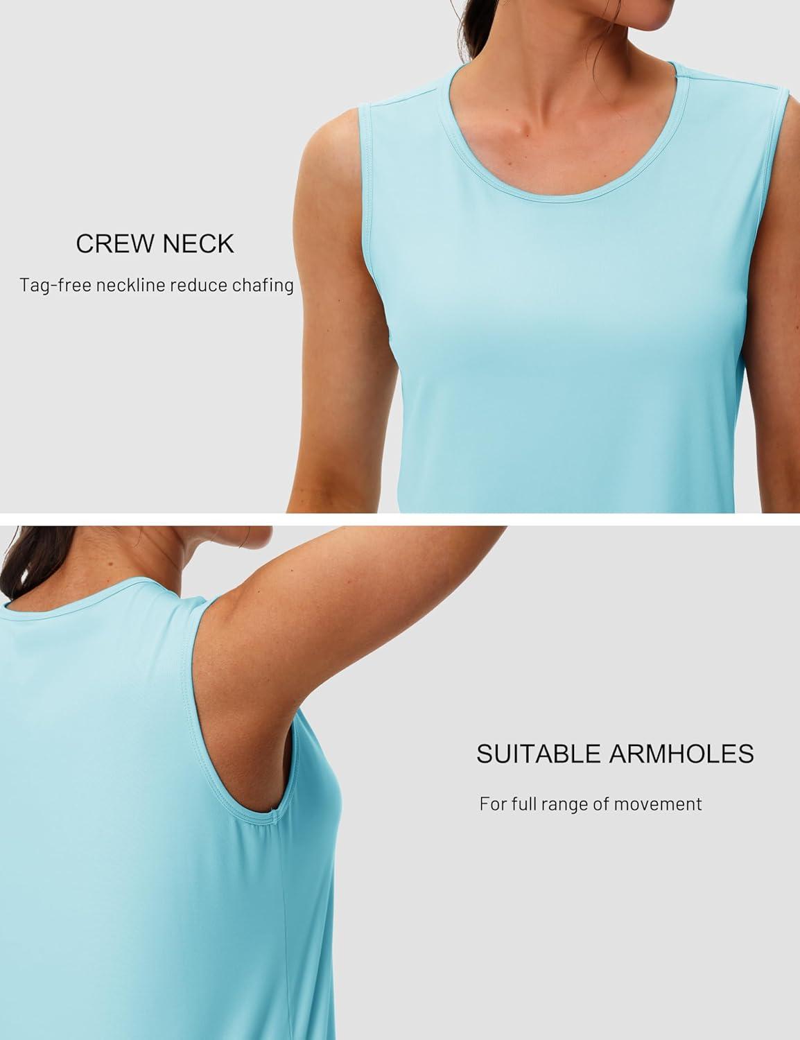 imageMAGCOMSEN Womens Workout Tank Top Athletic Muscle Sleeveless Crew Neck Shirt UPF 80 Moisture Wicking Gym RunningLight Lake Blue