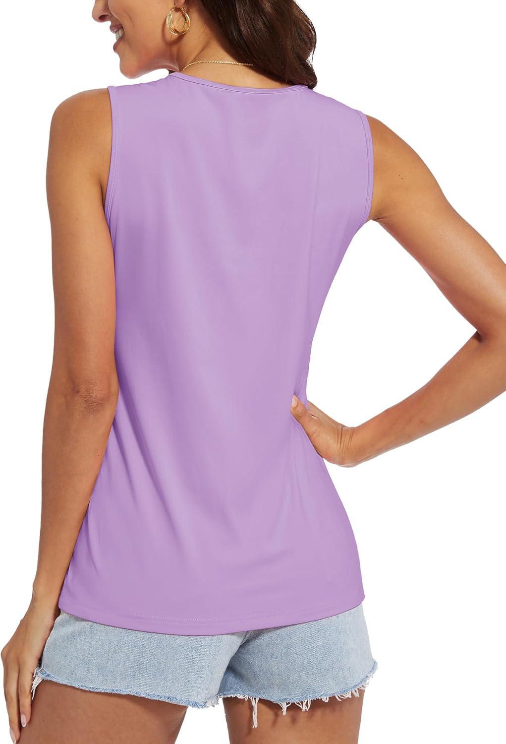 imageMAGCOMSEN Womens Workout Tank Top Athletic Muscle Sleeveless Crew Neck Shirt UPF 80 Moisture Wicking Gym RunningLight Purple