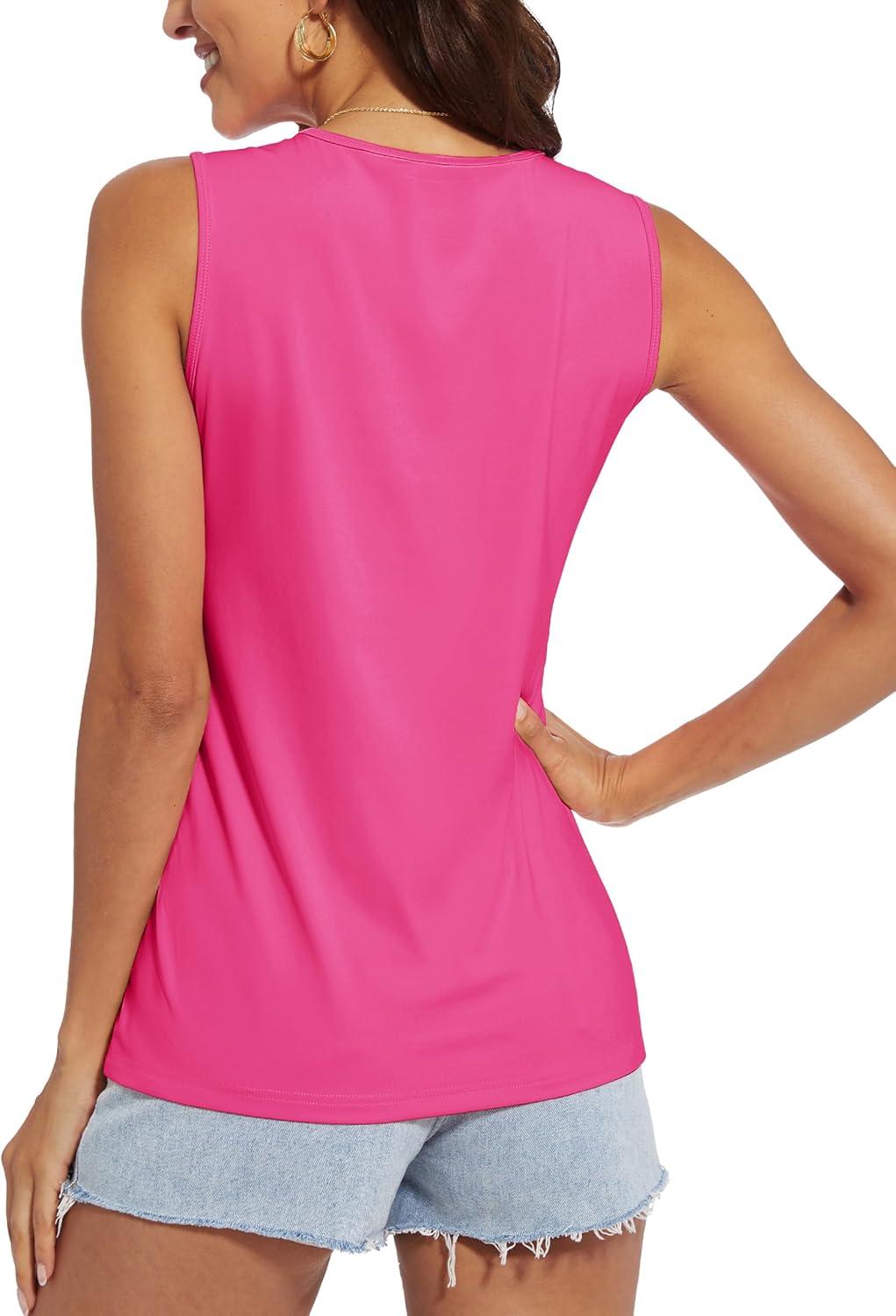 imageMAGCOMSEN Womens Workout Tank Top Athletic Muscle Sleeveless Crew Neck Shirt UPF 80 Moisture Wicking Gym RunningRose Red