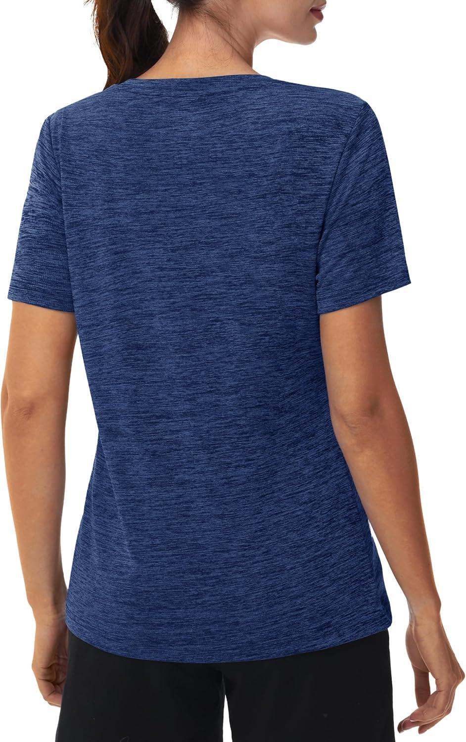 imageMAGCOMSEN Workout Tops for Women UPF 50 Quick Dry Short Sleeve Sun Protection VNeck Shirts Lightweight Hiking T ShirtsDark Blue
