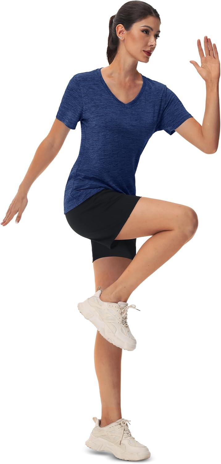 imageMAGCOMSEN Workout Tops for Women UPF 50 Quick Dry Short Sleeve Sun Protection VNeck Shirts Lightweight Hiking T ShirtsDark Blue