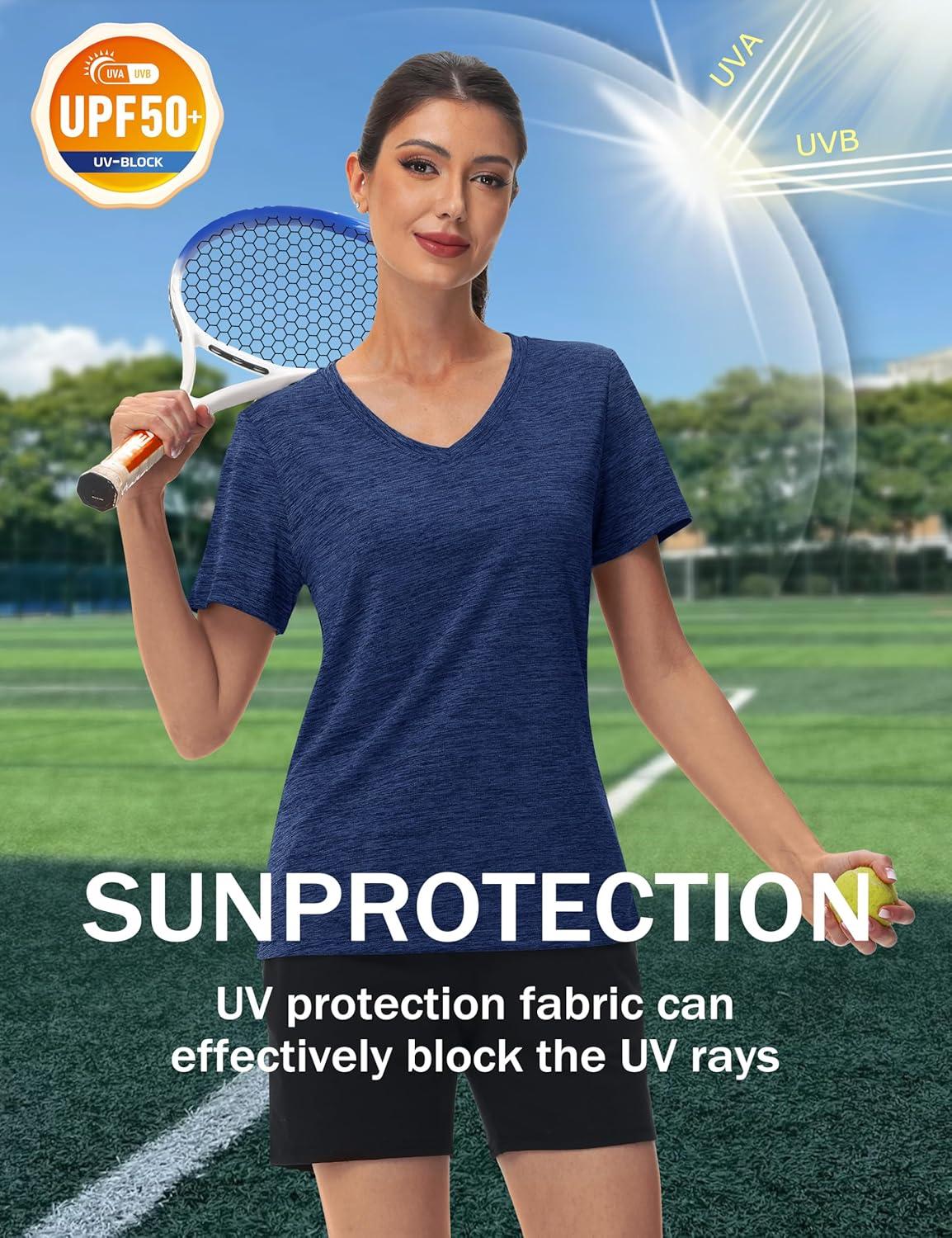 imageMAGCOMSEN Workout Tops for Women UPF 50 Quick Dry Short Sleeve Sun Protection VNeck Shirts Lightweight Hiking T ShirtsDark Blue