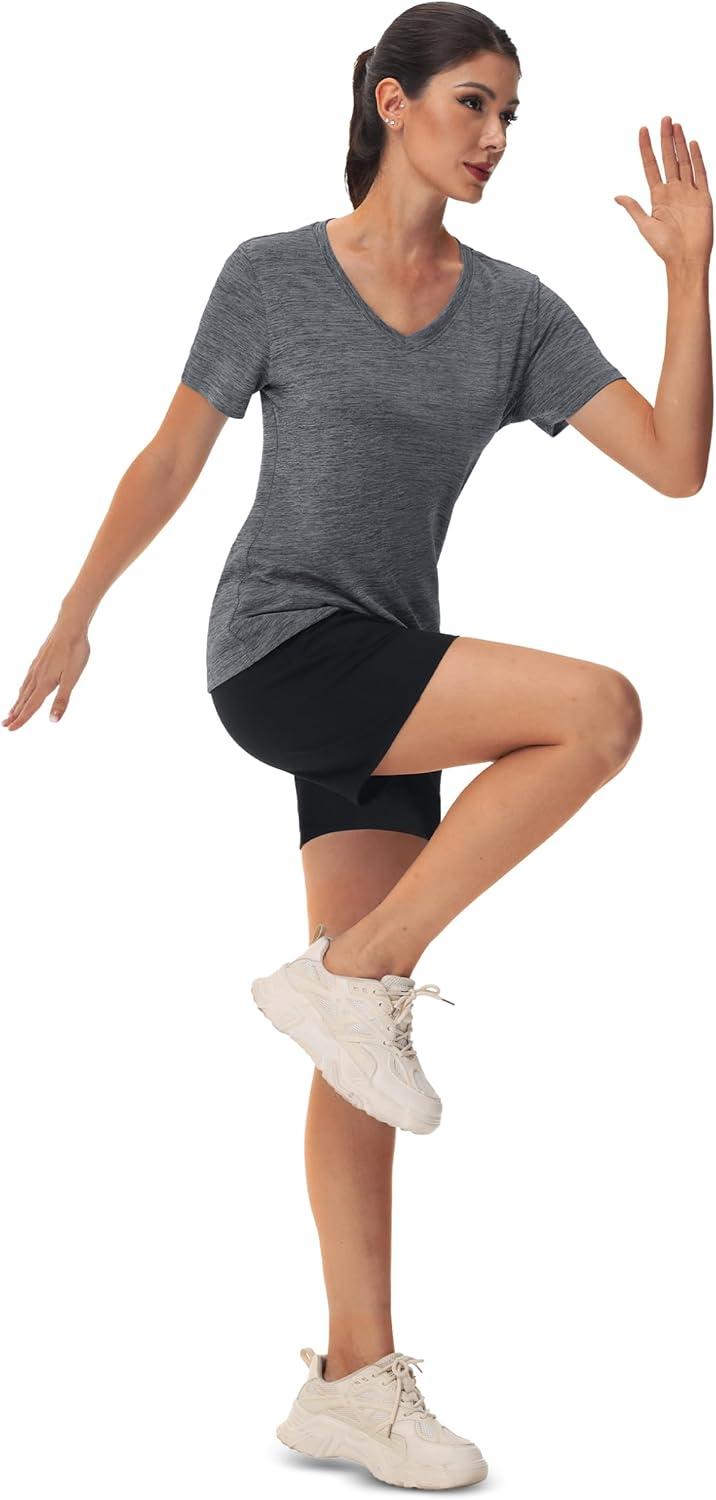imageMAGCOMSEN Workout Tops for Women UPF 50 Quick Dry Short Sleeve Sun Protection VNeck Shirts Lightweight Hiking T ShirtsDark Grey