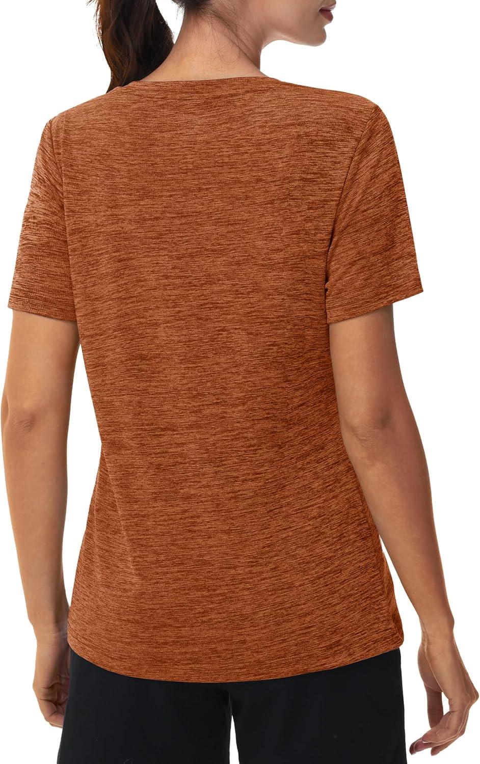 imageMAGCOMSEN Workout Tops for Women UPF 50 Quick Dry Short Sleeve Sun Protection VNeck Shirts Lightweight Hiking T ShirtsDark Orange