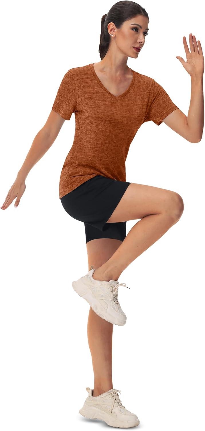 imageMAGCOMSEN Workout Tops for Women UPF 50 Quick Dry Short Sleeve Sun Protection VNeck Shirts Lightweight Hiking T ShirtsDark Orange