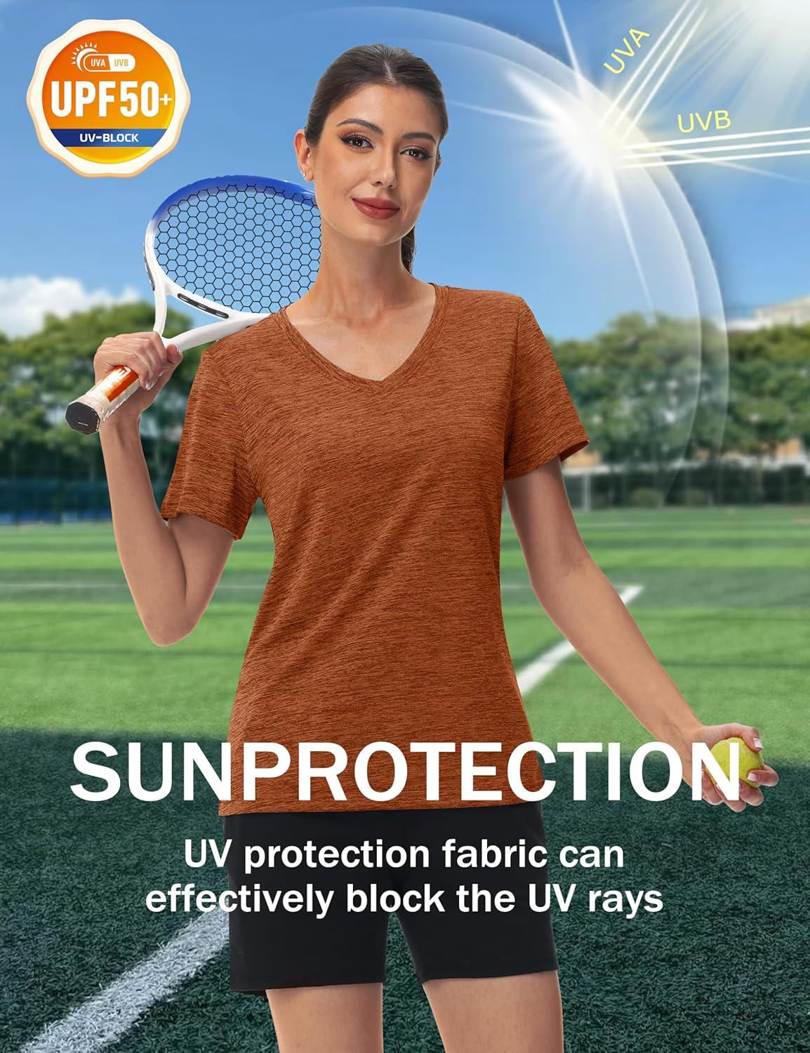 imageMAGCOMSEN Workout Tops for Women UPF 50 Quick Dry Short Sleeve Sun Protection VNeck Shirts Lightweight Hiking T ShirtsDark Orange