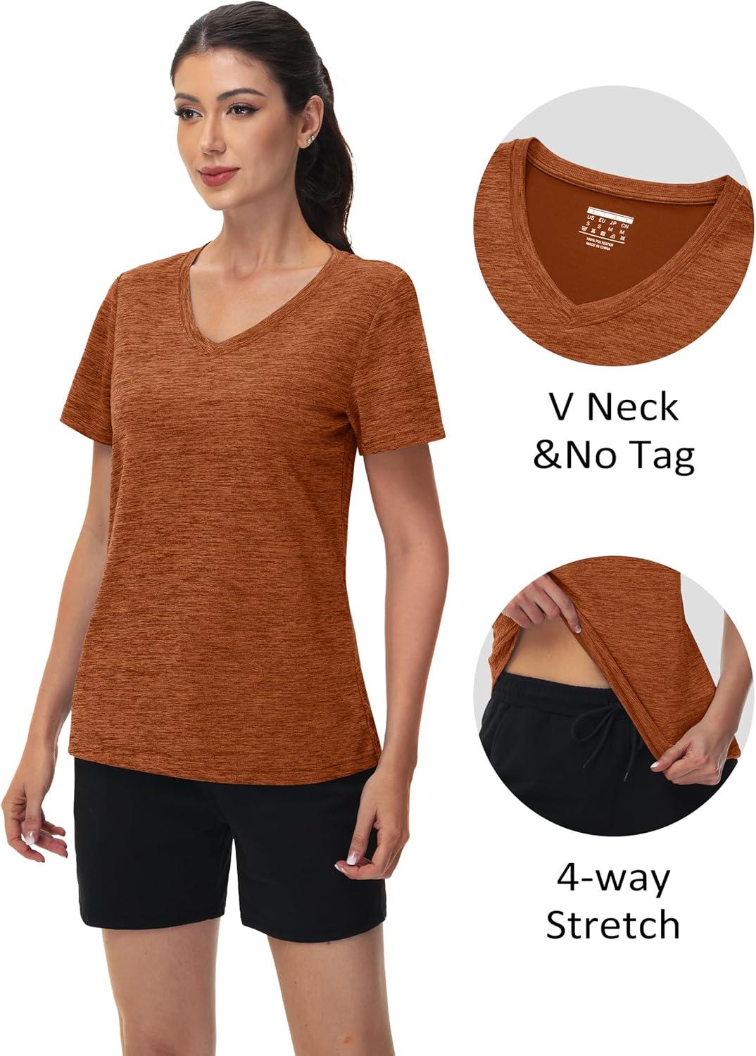 imageMAGCOMSEN Workout Tops for Women UPF 50 Quick Dry Short Sleeve Sun Protection VNeck Shirts Lightweight Hiking T ShirtsDark Orange