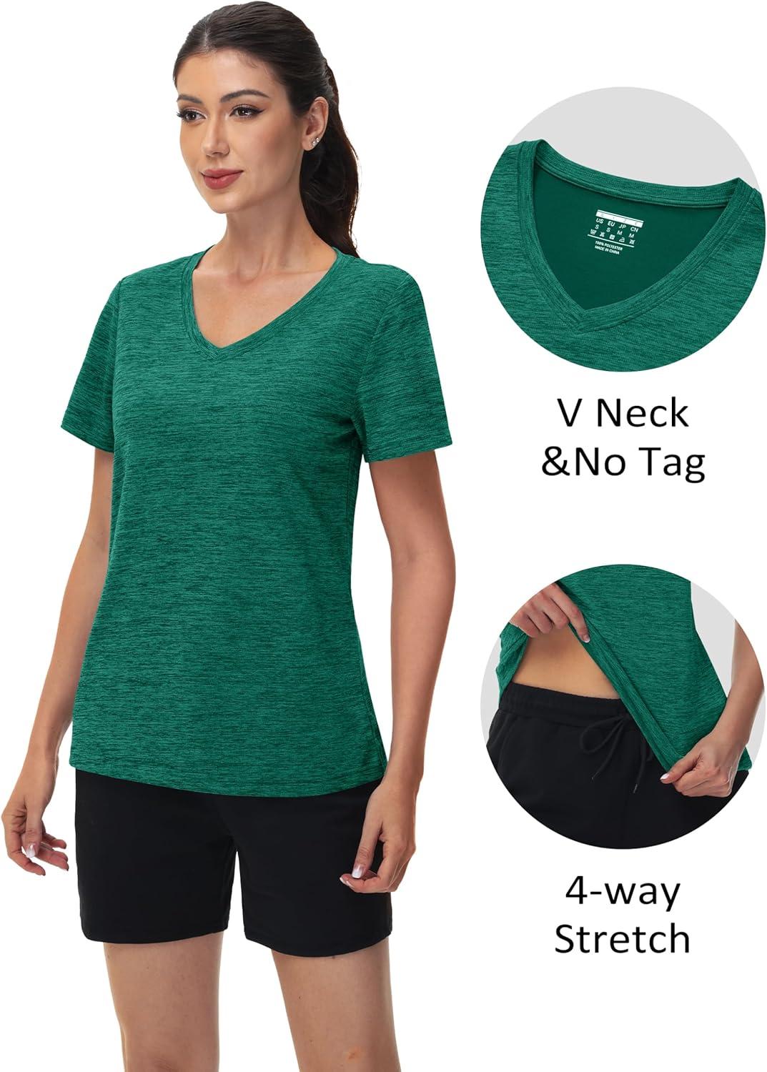 imageMAGCOMSEN Workout Tops for Women UPF 50 Quick Dry Short Sleeve Sun Protection VNeck Shirts Lightweight Hiking T ShirtsJade Green