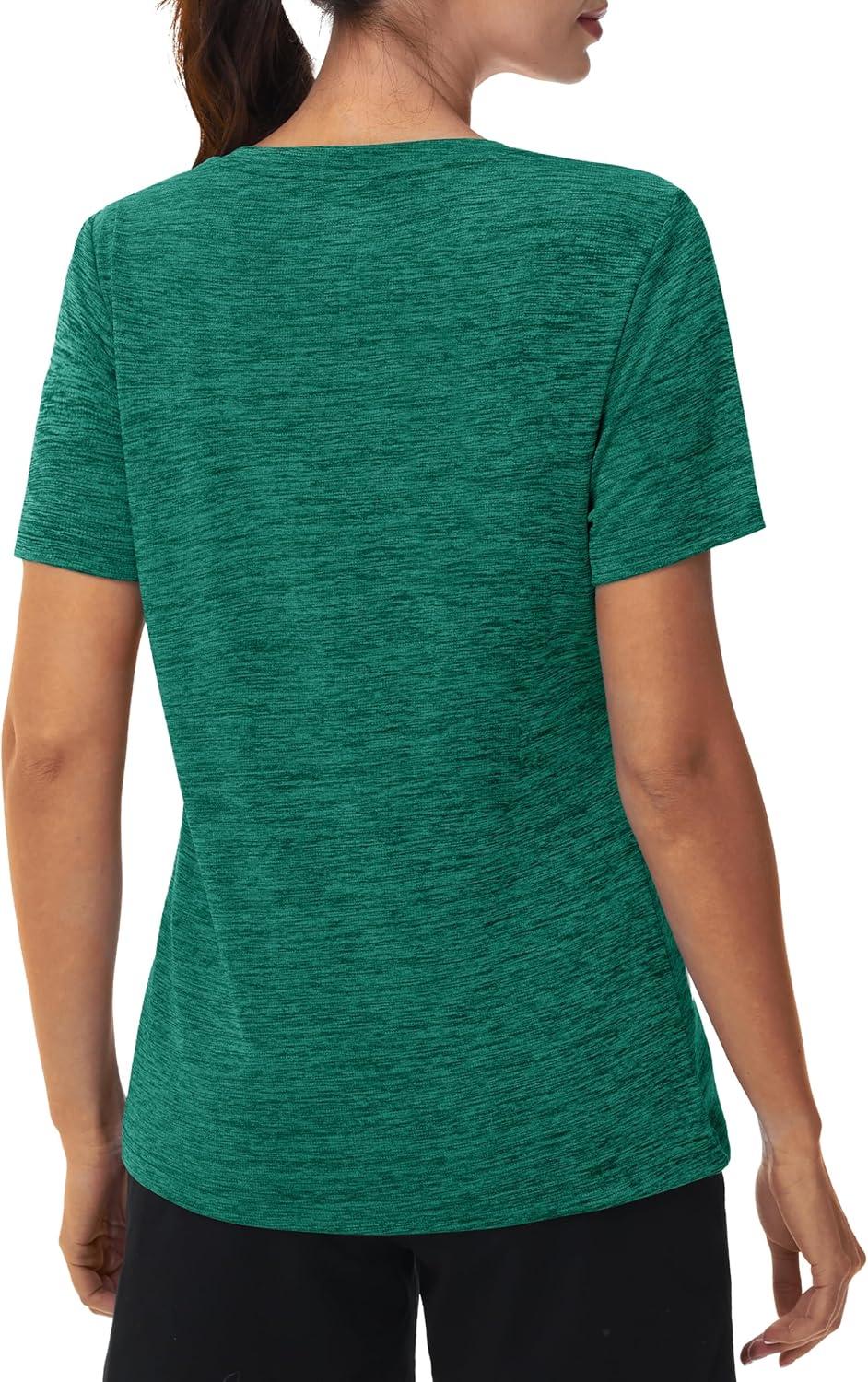 imageMAGCOMSEN Workout Tops for Women UPF 50 Quick Dry Short Sleeve Sun Protection VNeck Shirts Lightweight Hiking T ShirtsJade Green