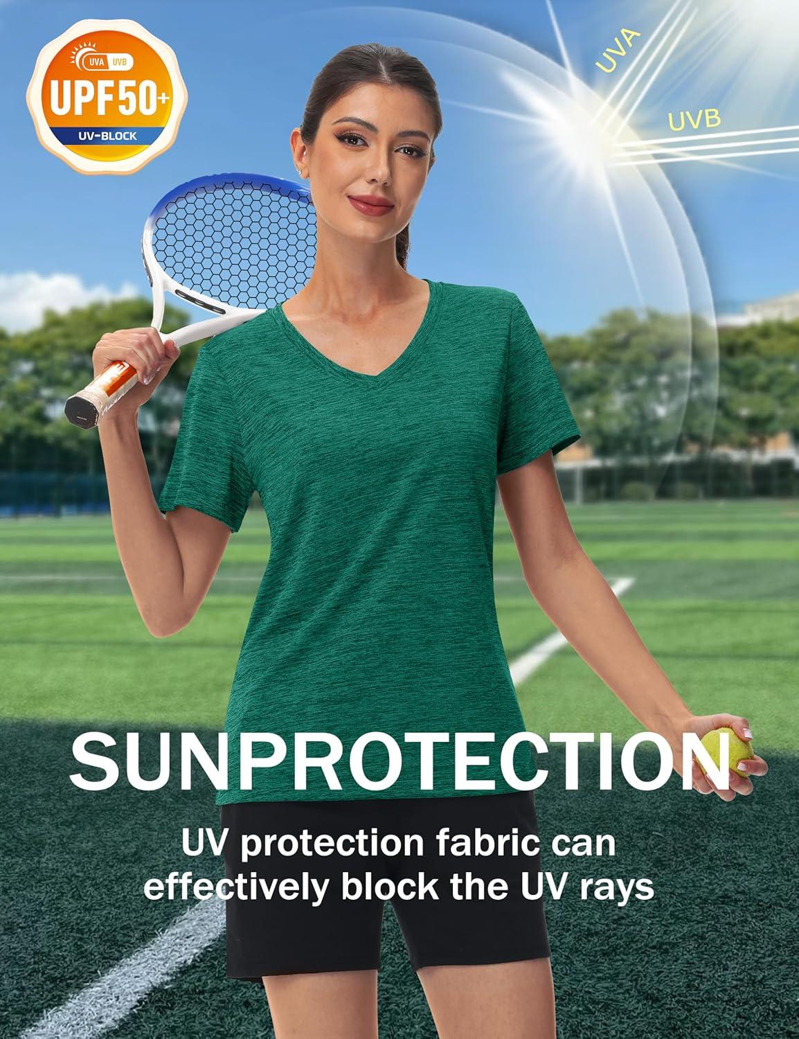 imageMAGCOMSEN Workout Tops for Women UPF 50 Quick Dry Short Sleeve Sun Protection VNeck Shirts Lightweight Hiking T ShirtsJade Green