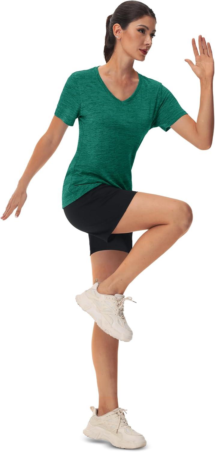 imageMAGCOMSEN Workout Tops for Women UPF 50 Quick Dry Short Sleeve Sun Protection VNeck Shirts Lightweight Hiking T ShirtsJade Green
