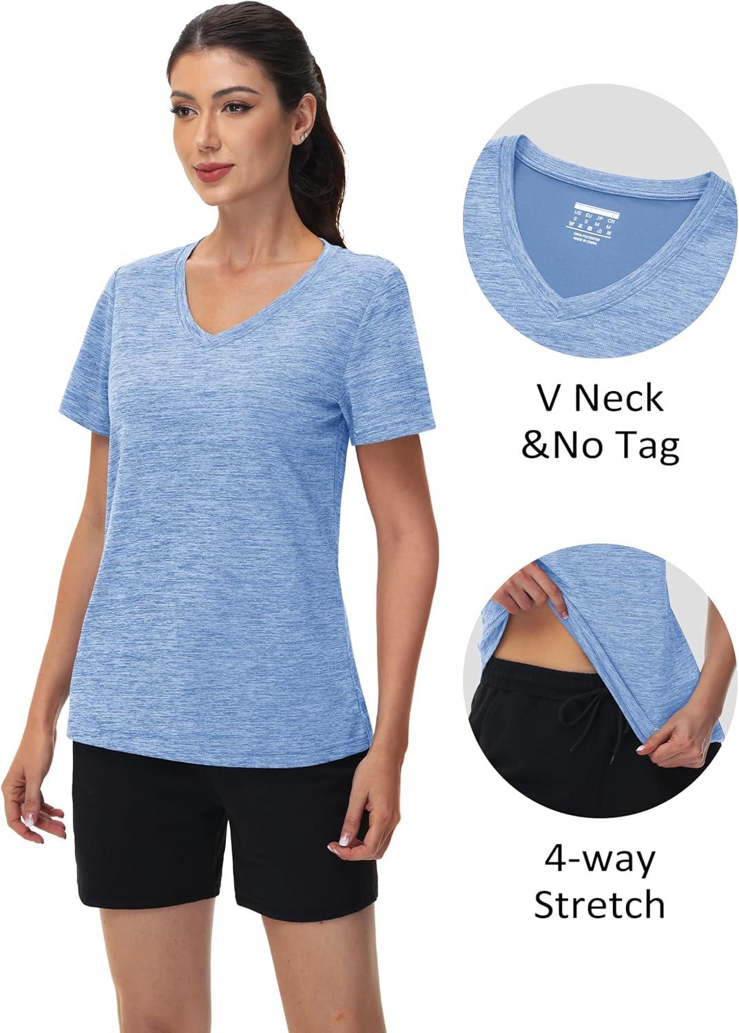 imageMAGCOMSEN Workout Tops for Women UPF 50 Quick Dry Short Sleeve Sun Protection VNeck Shirts Lightweight Hiking T ShirtsLight Blue