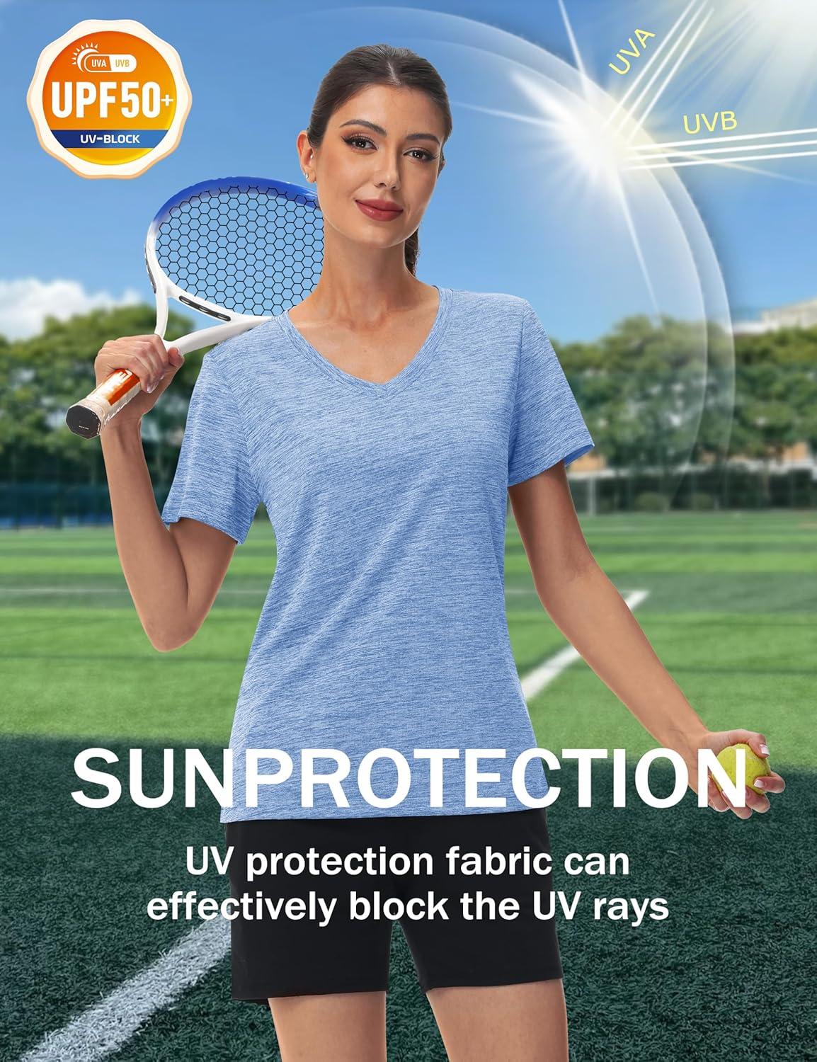 imageMAGCOMSEN Workout Tops for Women UPF 50 Quick Dry Short Sleeve Sun Protection VNeck Shirts Lightweight Hiking T ShirtsLight Blue