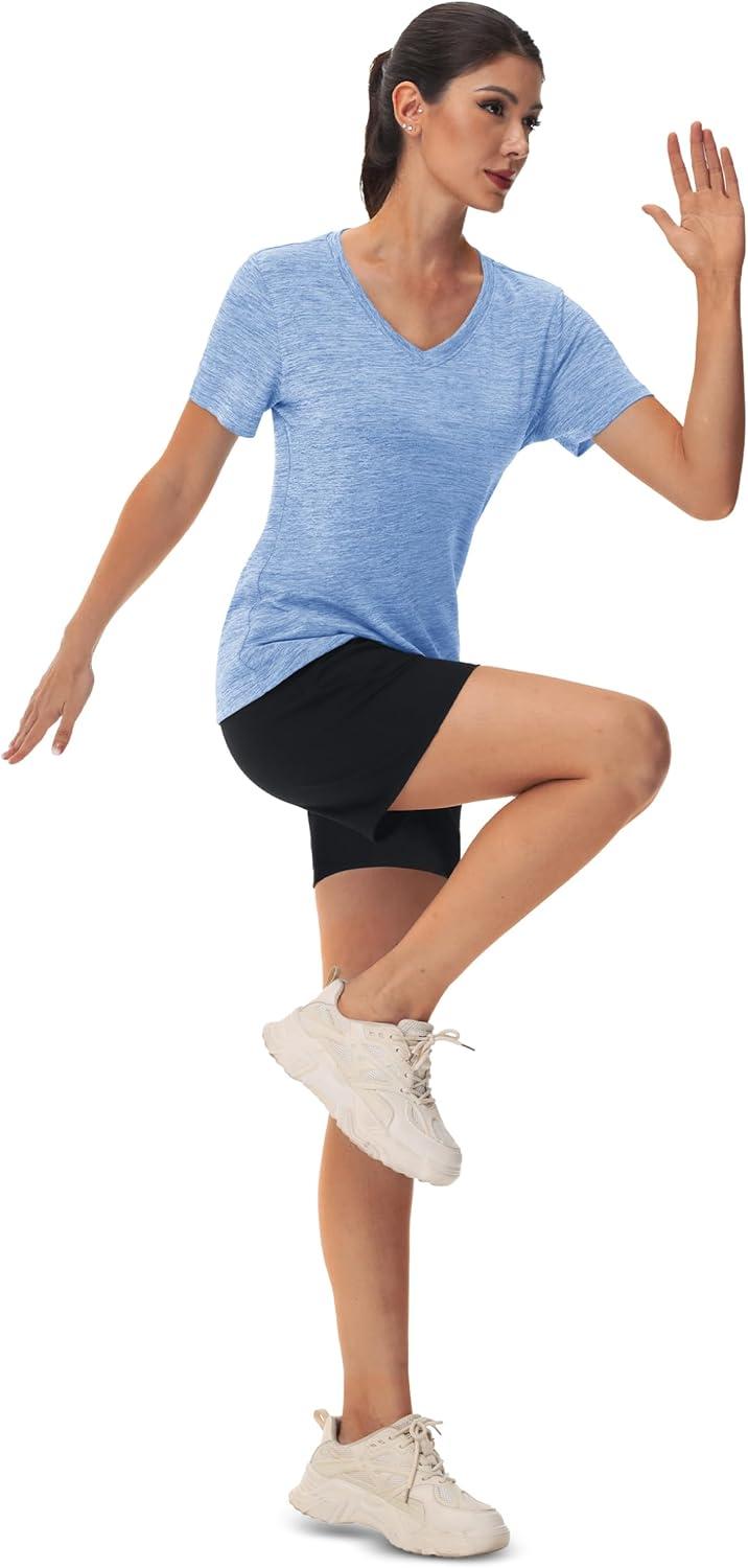 imageMAGCOMSEN Workout Tops for Women UPF 50 Quick Dry Short Sleeve Sun Protection VNeck Shirts Lightweight Hiking T ShirtsLight Blue