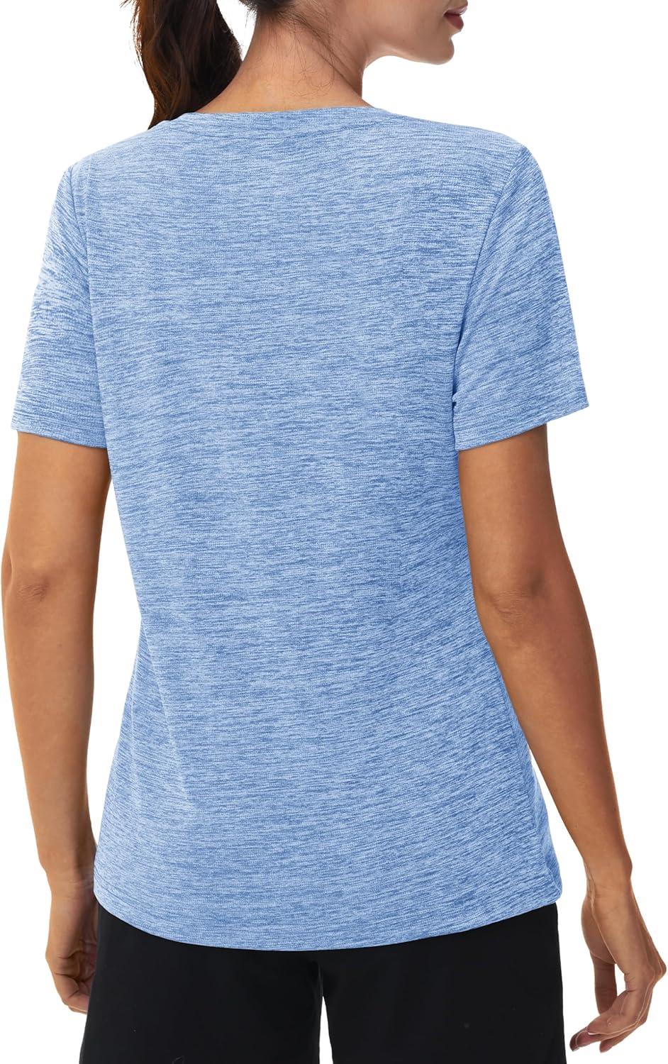 imageMAGCOMSEN Workout Tops for Women UPF 50 Quick Dry Short Sleeve Sun Protection VNeck Shirts Lightweight Hiking T ShirtsLight Blue