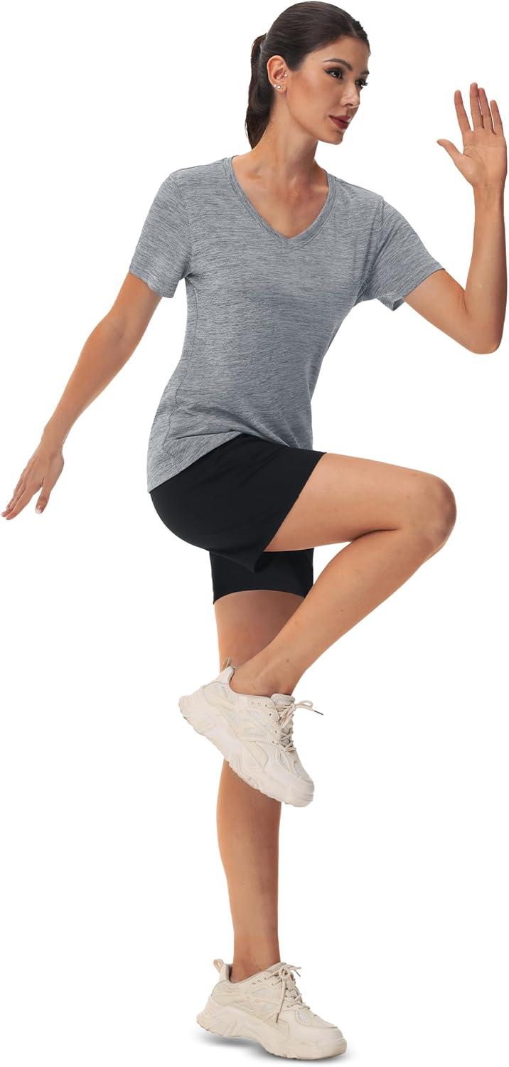 imageMAGCOMSEN Workout Tops for Women UPF 50 Quick Dry Short Sleeve Sun Protection VNeck Shirts Lightweight Hiking T ShirtsLight Grey