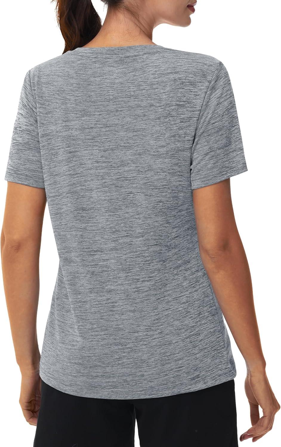imageMAGCOMSEN Workout Tops for Women UPF 50 Quick Dry Short Sleeve Sun Protection VNeck Shirts Lightweight Hiking T ShirtsLight Grey