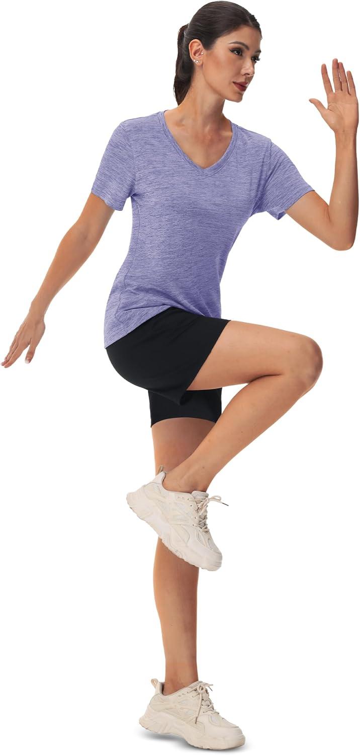 imageMAGCOMSEN Workout Tops for Women UPF 50 Quick Dry Short Sleeve Sun Protection VNeck Shirts Lightweight Hiking T ShirtsLight Purple