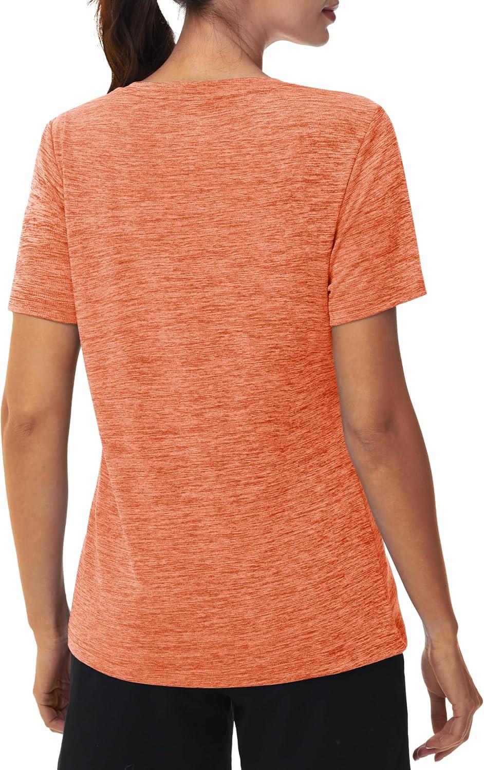 imageMAGCOMSEN Workout Tops for Women UPF 50 Quick Dry Short Sleeve Sun Protection VNeck Shirts Lightweight Hiking T ShirtsOrange
