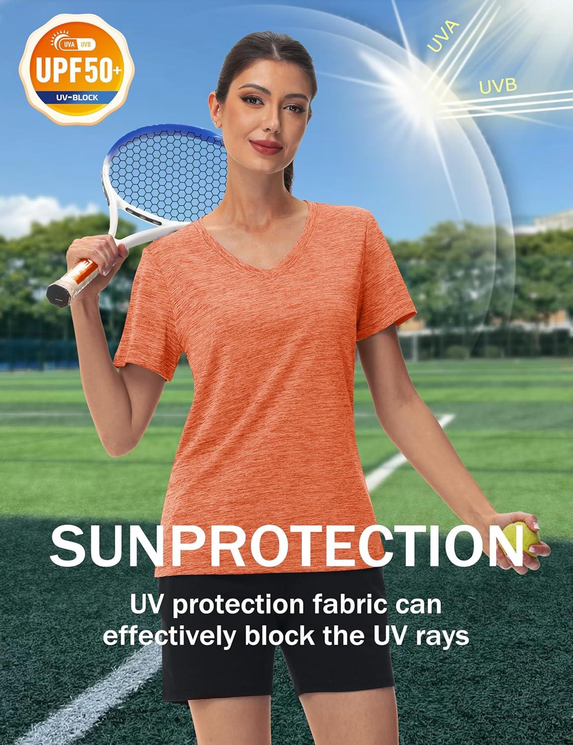 imageMAGCOMSEN Workout Tops for Women UPF 50 Quick Dry Short Sleeve Sun Protection VNeck Shirts Lightweight Hiking T ShirtsOrange