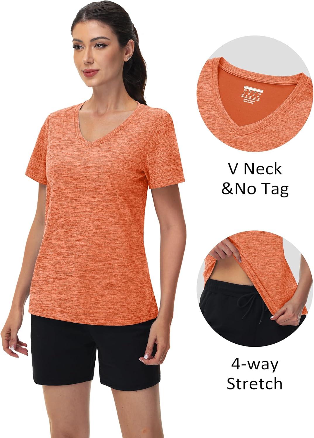 imageMAGCOMSEN Workout Tops for Women UPF 50 Quick Dry Short Sleeve Sun Protection VNeck Shirts Lightweight Hiking T ShirtsOrange