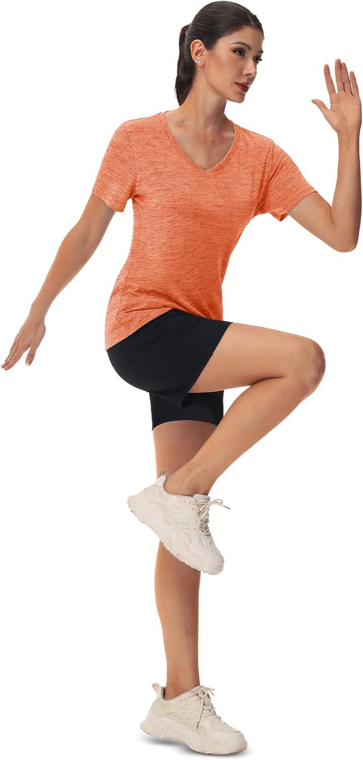 imageMAGCOMSEN Workout Tops for Women UPF 50 Quick Dry Short Sleeve Sun Protection VNeck Shirts Lightweight Hiking T ShirtsOrange