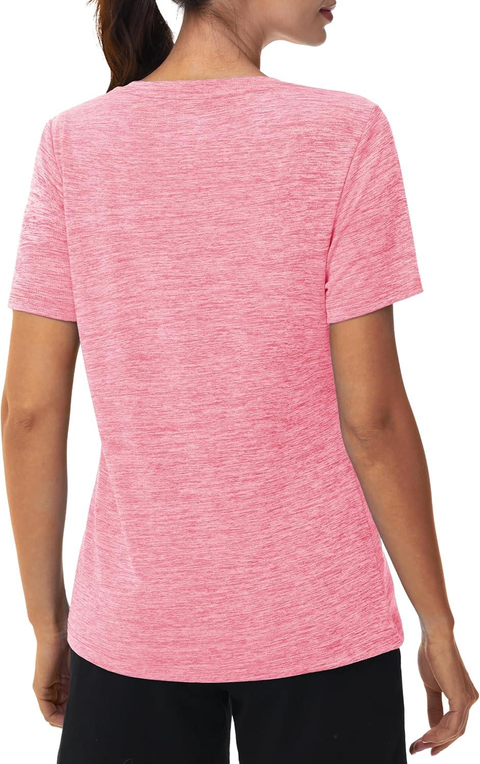 imageMAGCOMSEN Workout Tops for Women UPF 50 Quick Dry Short Sleeve Sun Protection VNeck Shirts Lightweight Hiking T ShirtsPink